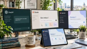 Plusieurs écrans posés sur un bureau lumineux affichent des interfaces de conversation abstraites représentant différents assistants d'intelligence artificielle.