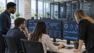 Professionnels de l'informatique analysant des écrans de surveillance dans un bureau lumineux avec une salle de serveurs en arrière-plan.