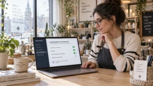 Une commerçante vérifie les paramètres de confidentialité de son site web sur un ordinateur portable dans sa boutique lumineuse.