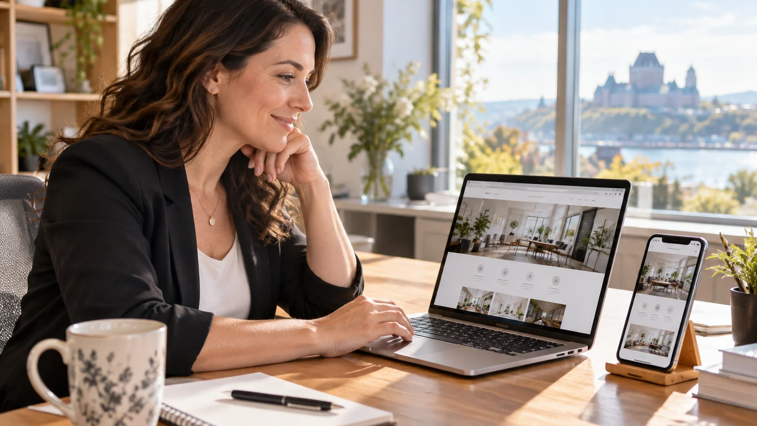 Une entrepreneure examine le site web de son entreprise sur un ordinateur portable et un téléphone dans un bureau baigné de lumière naturelle.